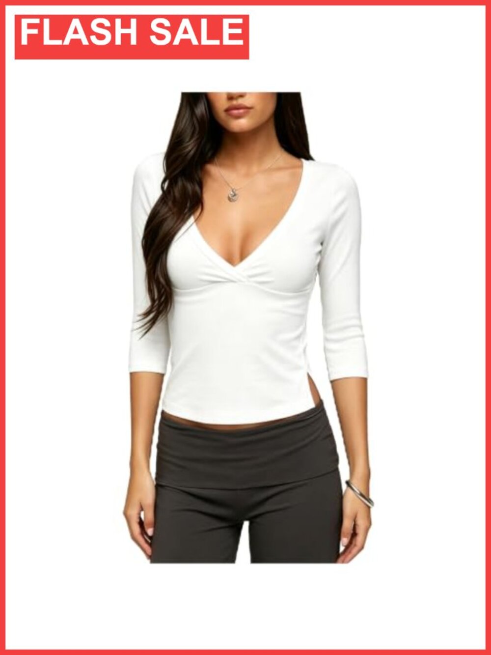 Womens V Neck Twist Front Wrap Top 3/4 Sleeve Side Slit Tee Slim Fit Blouse
